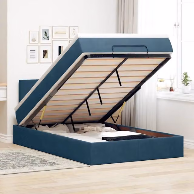 Letto con Pouf e Materasso vidaXL in Velluto Blu e Bianco con Base a Sollevamento, Illuminazione Sotto il Letto e Porte USB, L/P/H: 200 x 120 x 88 cm – 1