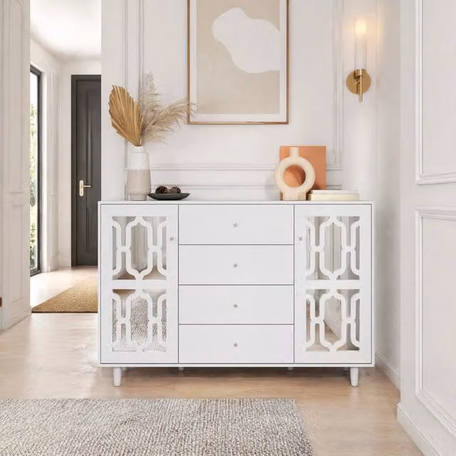 Credenza Mivray moderna con 2 ante, 4 cassetti e ripiano regolabile in MDF bianco con superficie a specchio L/P/H: 147.5 x 40 x 102 cm