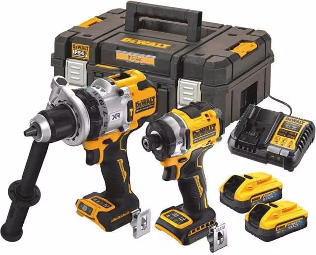 Kit DeWALT DCK2200H2T composto da avvitatore DCD1007, avvitatore a impulsi DCF860, 2 batterie Powerstack da 5,0 Ah, caricabatterie DCB1104 e sistema di contenimento TSTAK II, colore giallo
