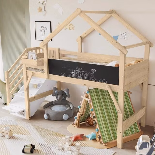 Letto a castello bambini 90 × 200 cm 2 posti con barriere, scala a 3 vani e lavagna, senza materasso, bianco naturale