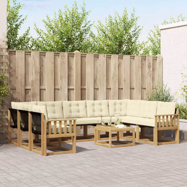 vidaXL Set di divani da esterno componibile 10 pezzi in legno di acacia con cuscini bianchi e beige
