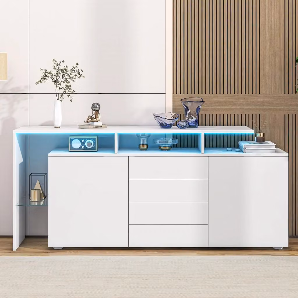 Madia moderna bianca con illuminazione LED, 4 cassetti e 2 ante con ripiani regolabili per soggiorno, L: 160 cm, P: 35 cm, H: 70 cm – 2