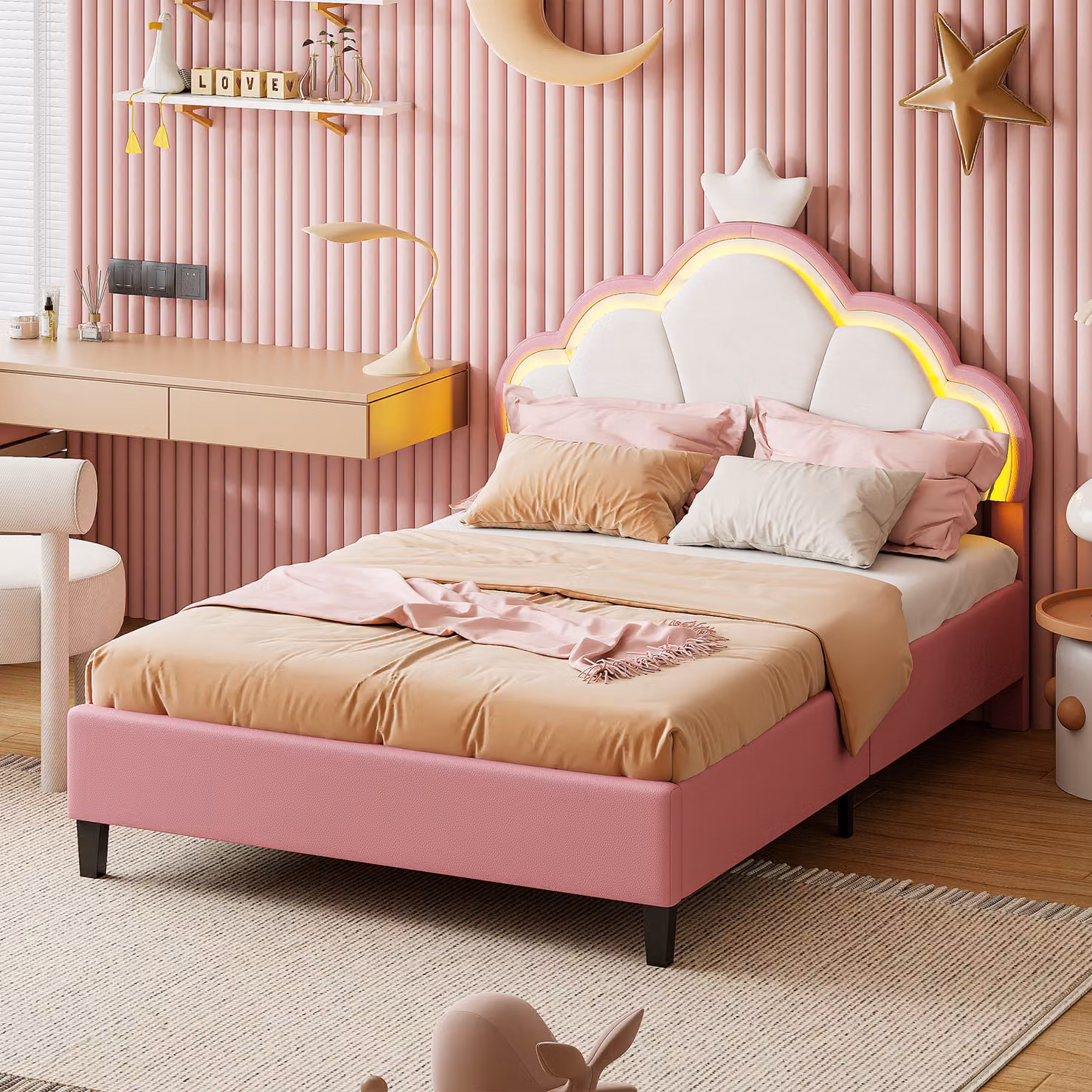 Letto UnboxG 140x200 con illuminazione LED, struttura letto 140x200 con rete a doghe, letto imbottito per giovani per camera da letto, camera degli ospiti, facile da montare, rosa, flanella, letto per ospiti 140x200