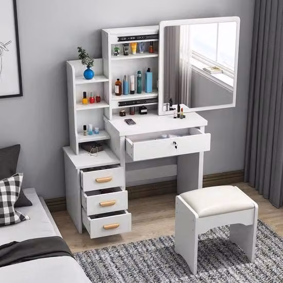 Scrivania di trucco moderna con specchio, 4 cassetti e 3 ripiani aperti per donne