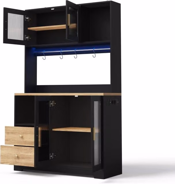 Colonna da cucina alta 178 cm con LED, ripiani regolabili, porta in vetro temperato e prese integrate, design nero con piano rinforzato effetto legno