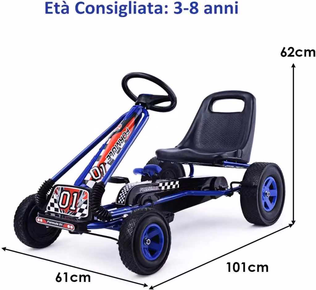 Go Kart a Pedali Costway per Bambini con Sedile Regolabile e Freno a Mano, Veicolo Blu con Portata Massima 30 kg – 2