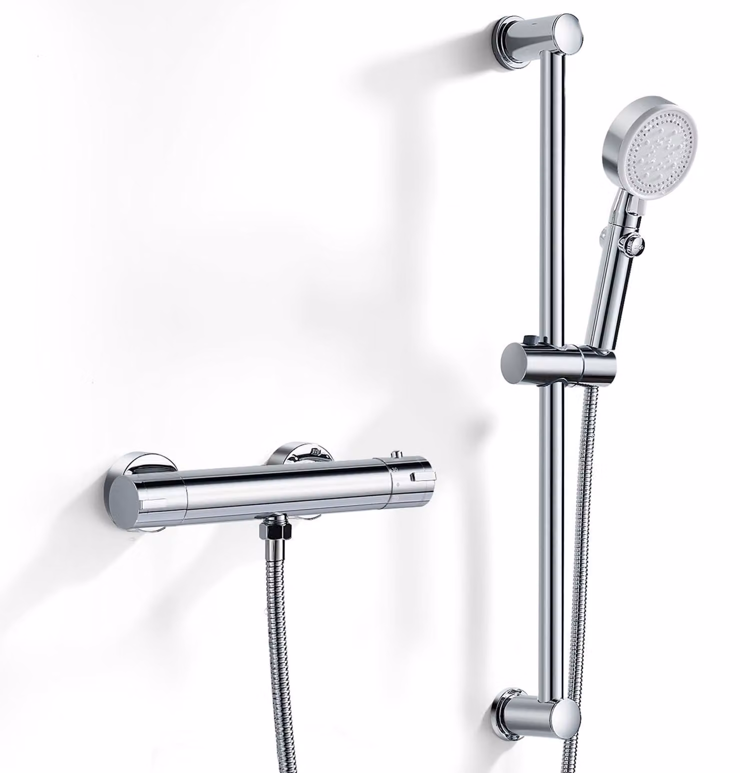 Set doccia con termostato, cromato, 5 modalità, tubo flessibile da 1,5 metri, blocco di sicurezza a 38 °C