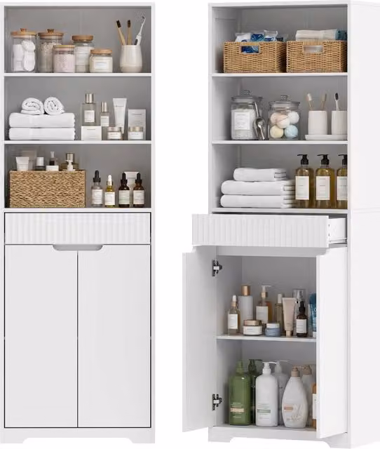 Mobile Alto da Bagno a Colonna Bianco Salvaspazio con 2 Ante Soft Close 1 Cassetto e 3 Vani Aperti