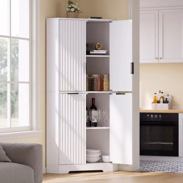 Armadio angolare moderno in MDF bianco con ante scanalate e ripiani interni, L/P/H: 60 x 60 x 172 cm