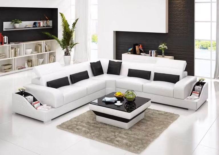 Ecksofa Leder Sofa Couch Polster Eck Sitz Wohnlandschaft Garnitur L-Form Weiße
