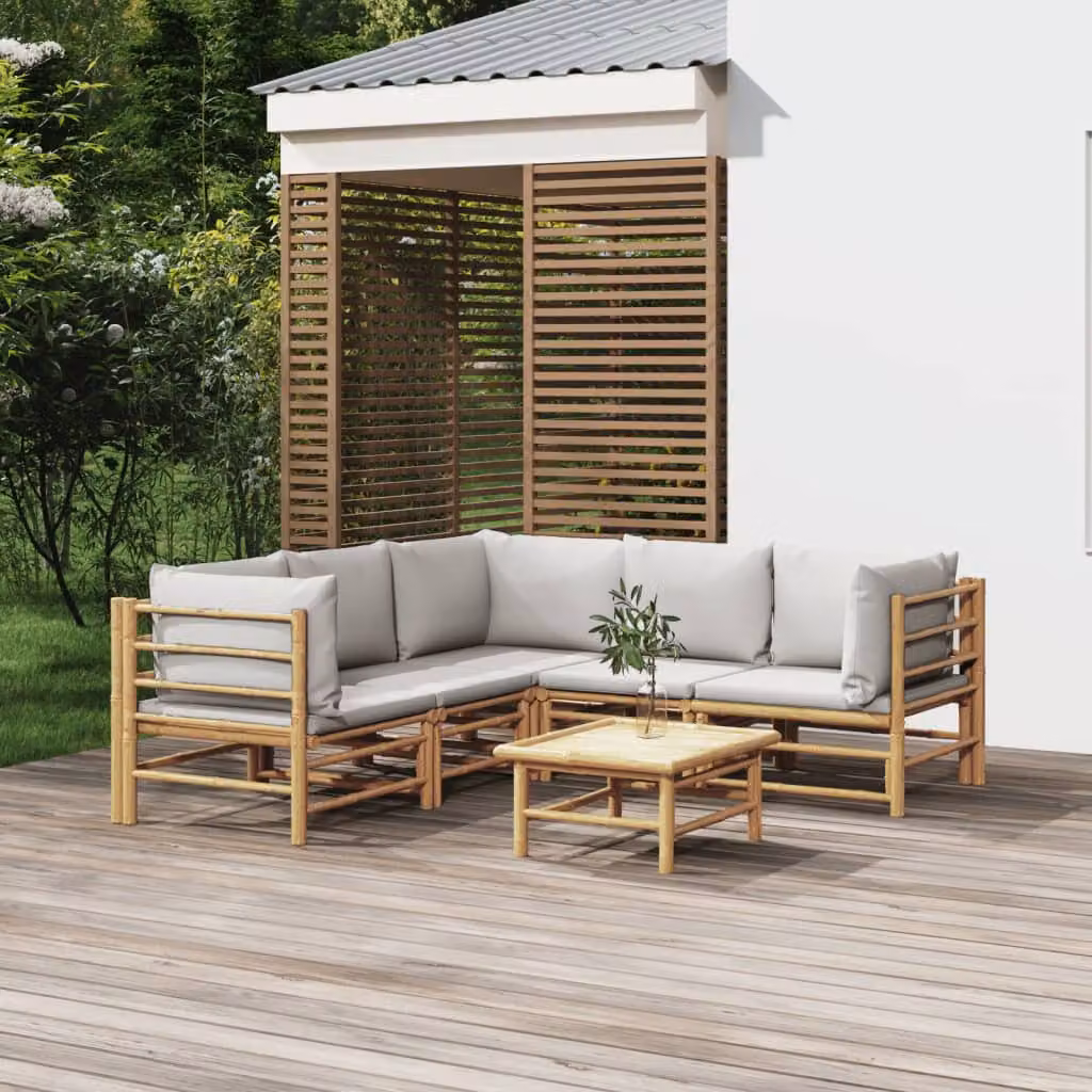 Set Salotto da Giardino vidaXL in Bambu con Cuscini Grigio Chiaro e Marrone
