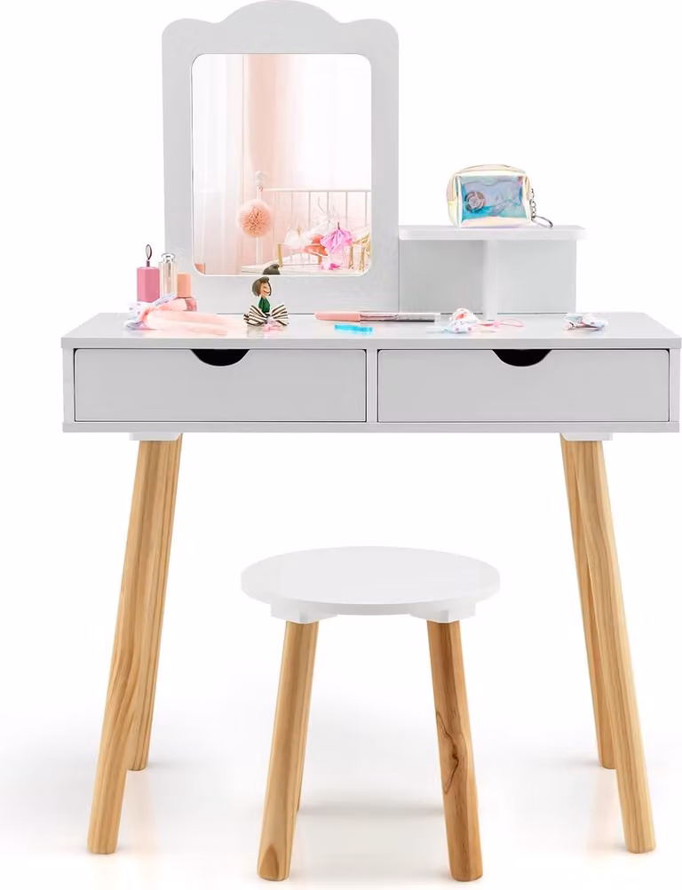 COSTWAY Set da toilette per bambini, scrivania e sgabello 2in1 con specchio rimovibile, 2 cassetti, pettine per bambini da 3 a 7 anni, bianco