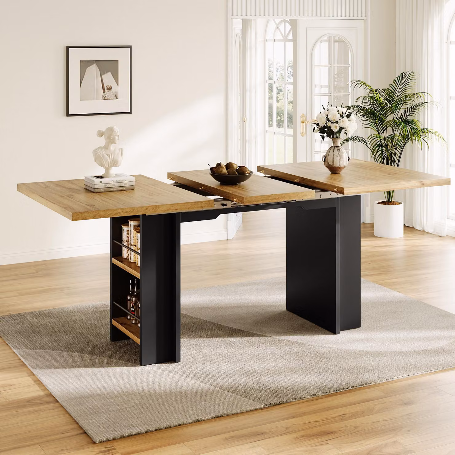 MODFU Tavolo da pranzo allungabile Piano regolabile Credenza con ripiani Per cucina, soggiorno e ufficio domestico Legno naturale