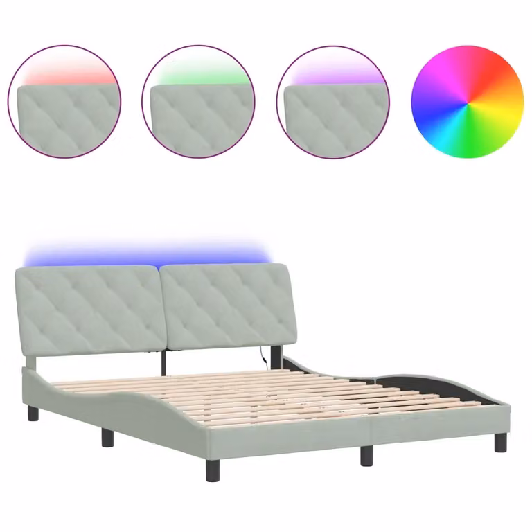 Letto con struttura in velluto grigio chiaro vidaXL con illuminazione LED e porta di ricarica USB L/P: 160 x 200 cm