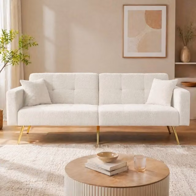 Divano letto reclinabile REDOM bianco e oro con struttura in legno e imbottitura L/P/H: 175 x 64 x 72 cm