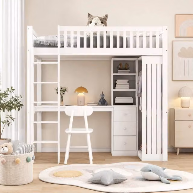 Letto a soppalco 90x200 cm con scrivania; armadio; 3 cassetti e scala bianco