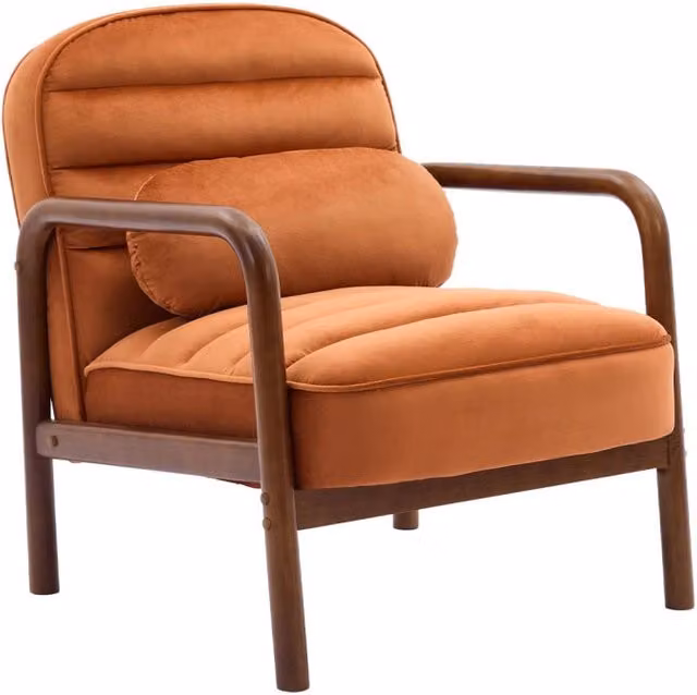 Poltrona scandinava Sweeek in legno di hevea tinto noce e velluto marrone con braccioli