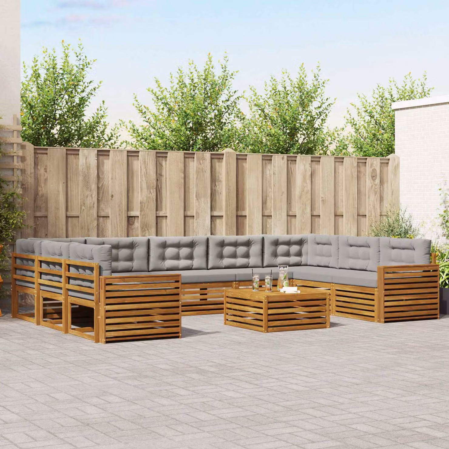 Set di divani da esterno vidaXL 10 pezzi in legno di acacia con cuscini grigi per giardino e terrazza