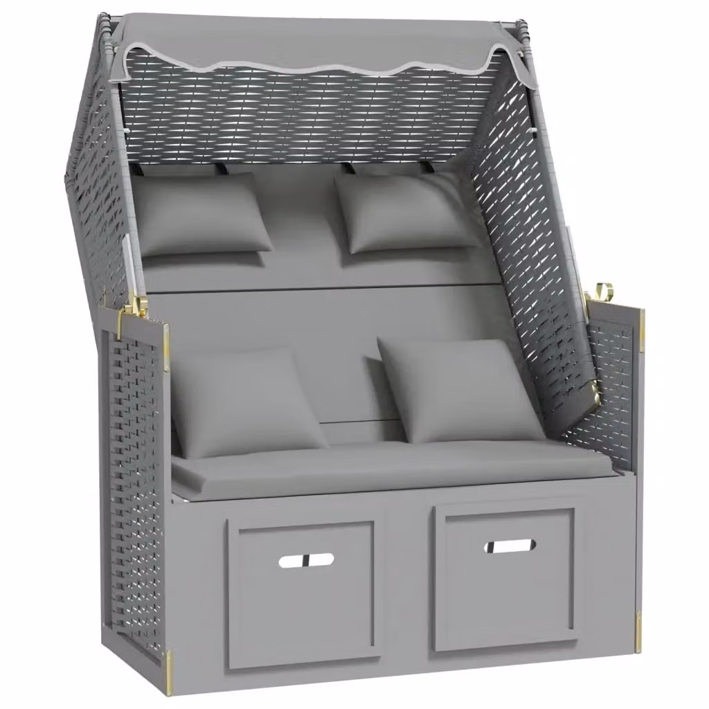 Strandkorb vidaXL in Polyrattan e Legno con Cuscini e Tendalino, Grigio, L: 133 cm, P: 115 cm, H: 76 cm – 2