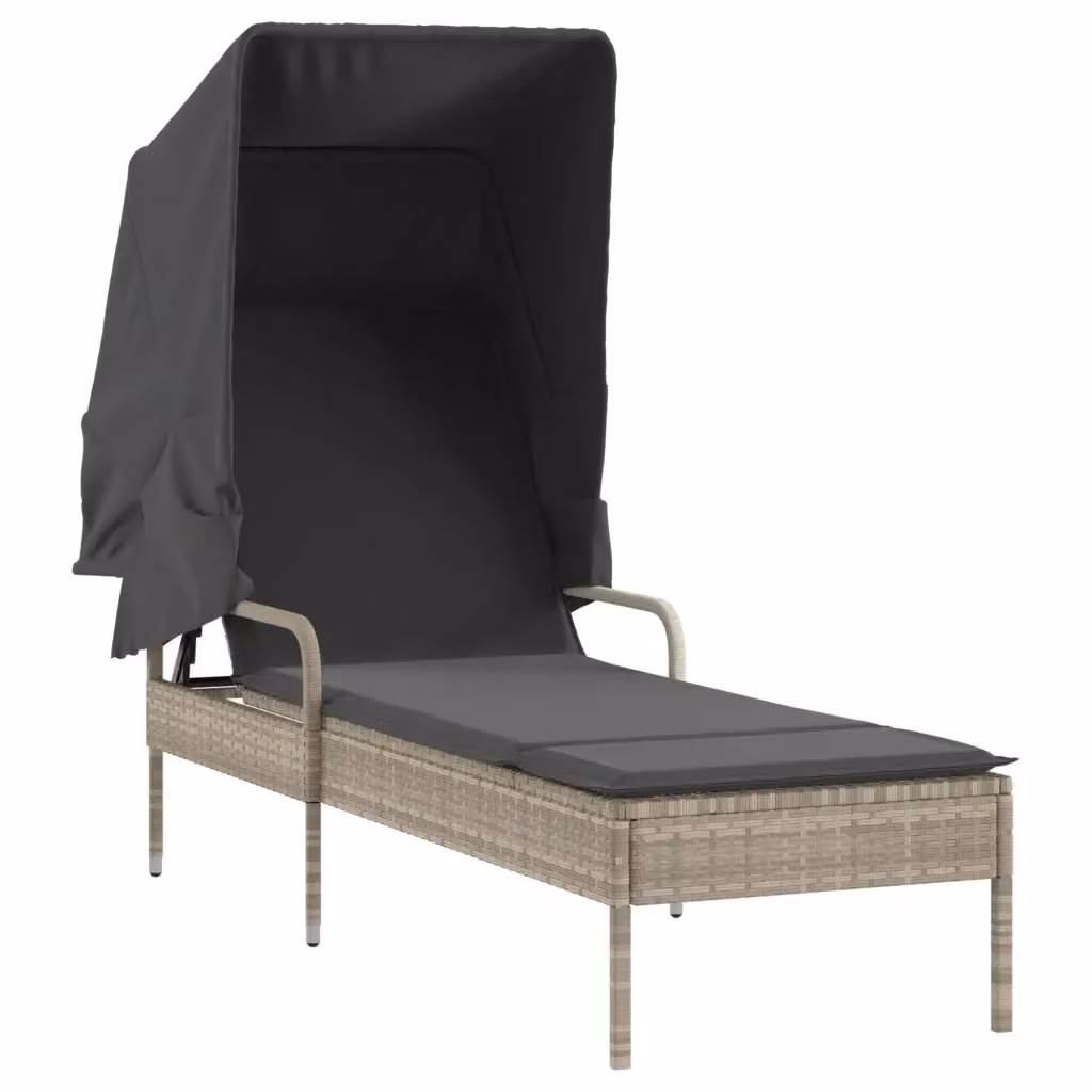Lettino prendisole con baldacchino vidaXL in polyrattan grigio con poggiatesta regolabile e parasole in poliestere resistente ai raggi UV L: 190 cm, P: 62 cm, H: 110 cm – 2
