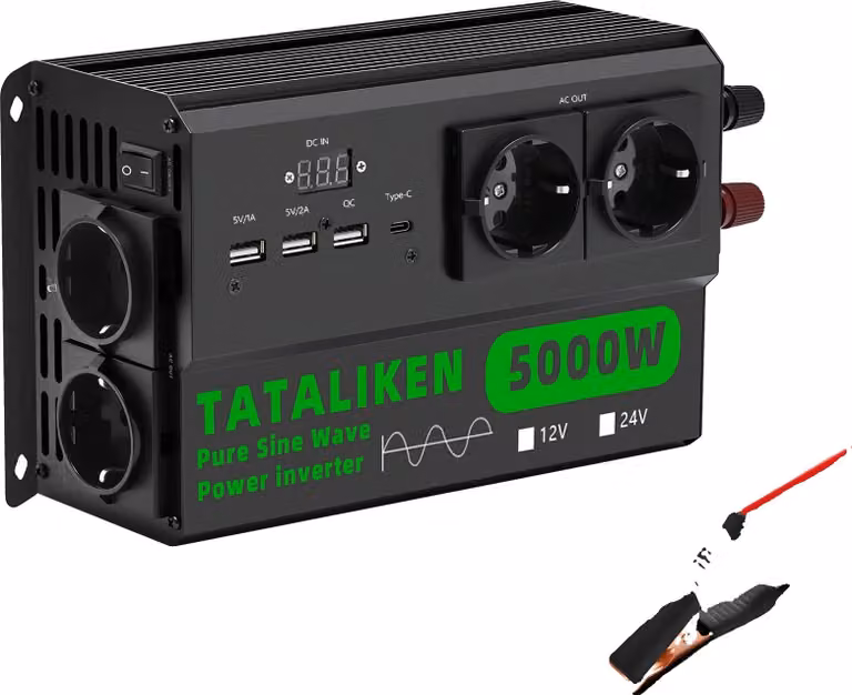 Inverter, 4 prese, spina EU, DC 12V a AC 220V, 12V 5000W 220V, colore nero