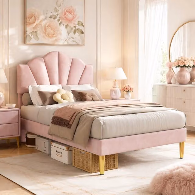 Letto imbottito REDOM in velluto rosa con testiera regolabile L/P/H: 90 x 200 cm