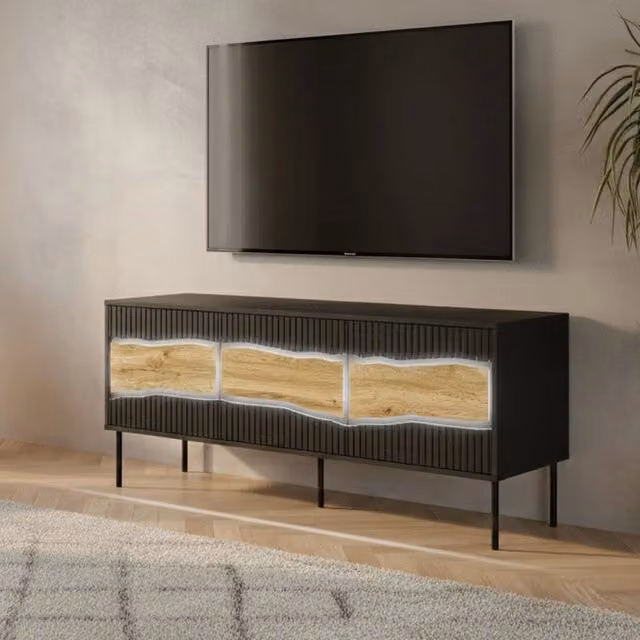 Mobile porta TV moderno DMORA con un ripiano, colore nero, L: 143.5 cm, P: 40 cm, H: 61.5 cm – 1