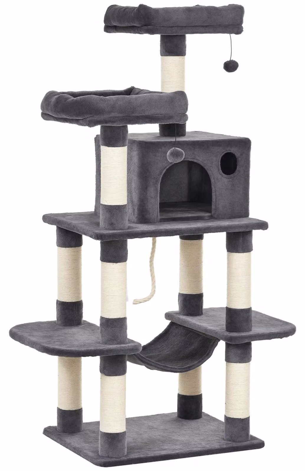 Tiragraffi per gatti - Albero da arrampicata con cuccia - 4 livelli - Amaca e pallina - Tronchi in sisal - Peluche - Grigio scuro
