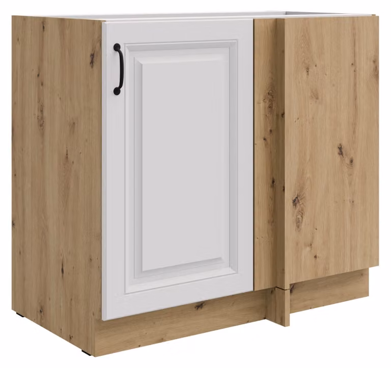 Mobiletto angolare da 105 cm, modello Stilo, bianco e effetto legno artigianale, per cucina lineare, blocco cucina, cucina