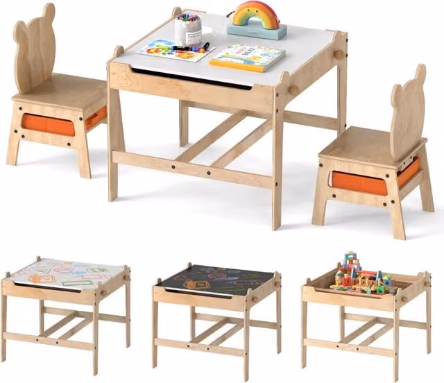 Set tavolo e sedie per bambini in legno naturale con lavagna reversibile bianca e nera e piano inclinabile – 1