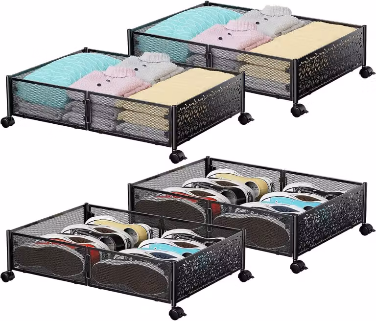 Contenitori portaoggetti metallici da mettere sotto il letto, confezione da 2, con ruote, ideali per scarpe e abbigliamento