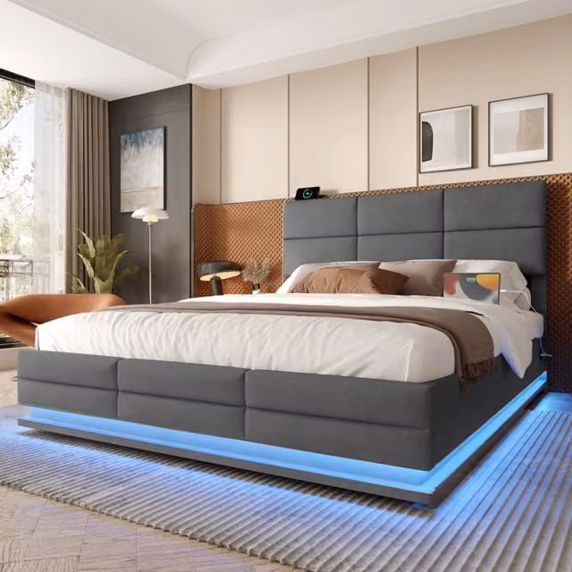 Letto imbottito 180x200 cm con contenitore; LED e testiera regolabile in velluto grigio scuro