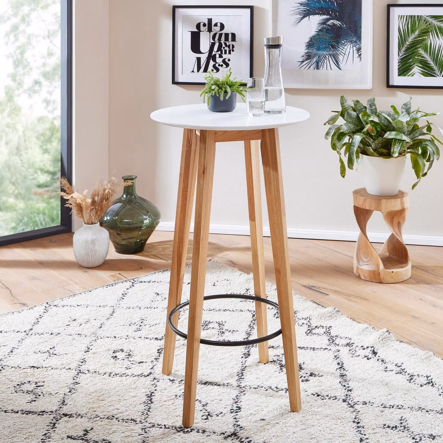 FineBuy Tavolo alto rotondo 60x110x60 cm Bianco Tavolo da bar per 4 persone Tavolo moderno da bar Tavolo da festa in legno Tavolo alto in rovere Stile scandinavo