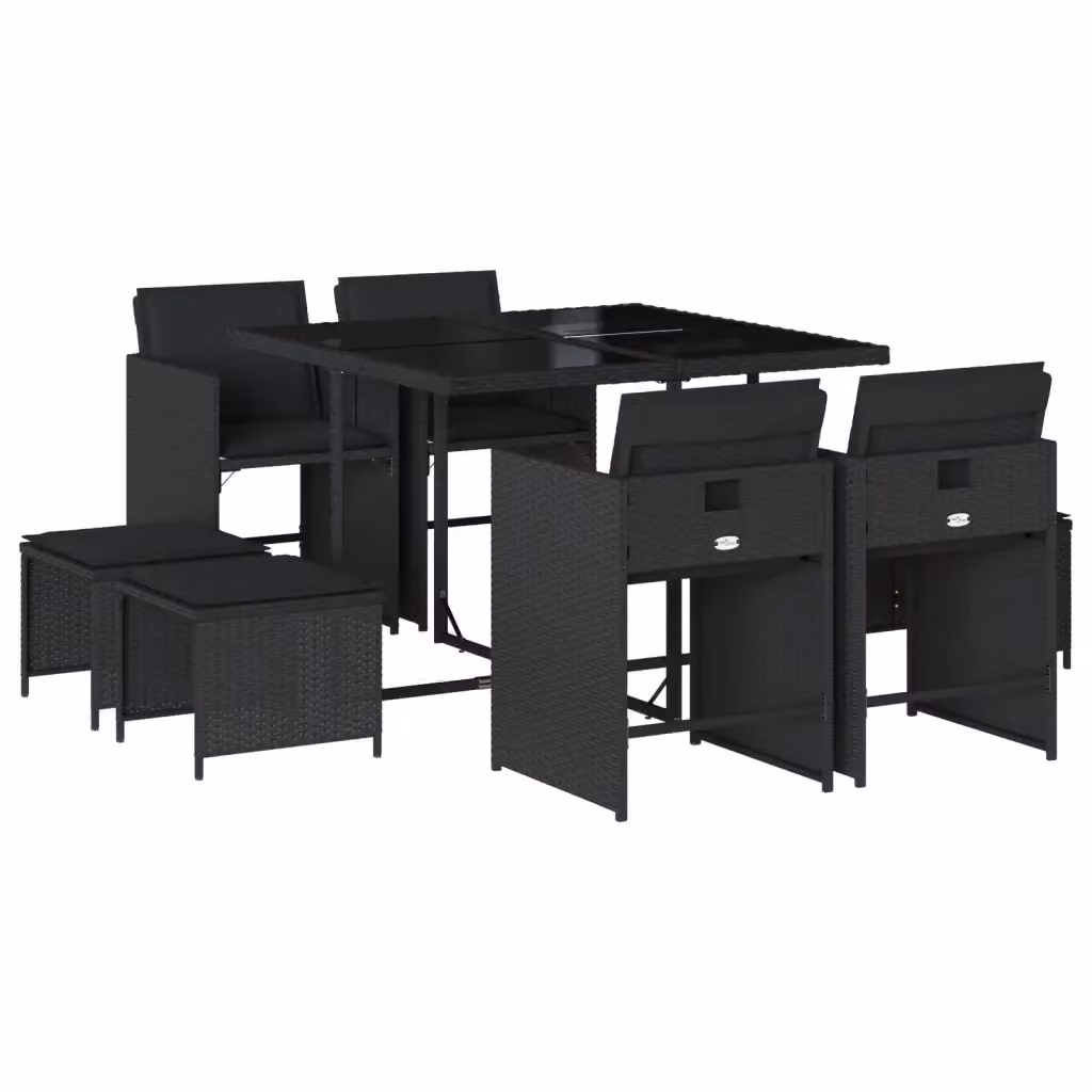 vidaXL Set da Pranzo da Giardino 9 pz in Polyrattan Nero con Cuscini e Tavolo in Vetro – 2
