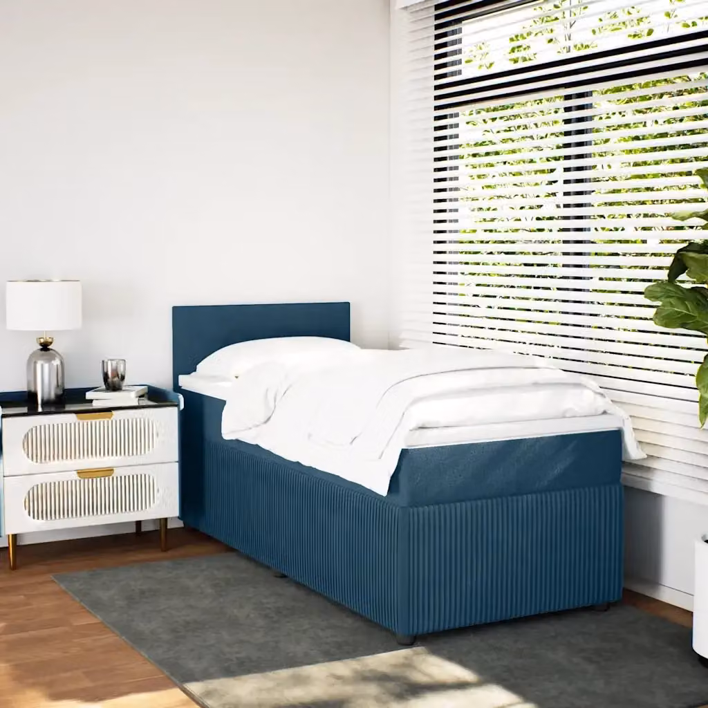 Letto con Giroletto a Molle e Materasso Ibrido vidaXL in Velluto Blu e Bianco L/P/H: 90 x 190 x 100,5 cm – 2