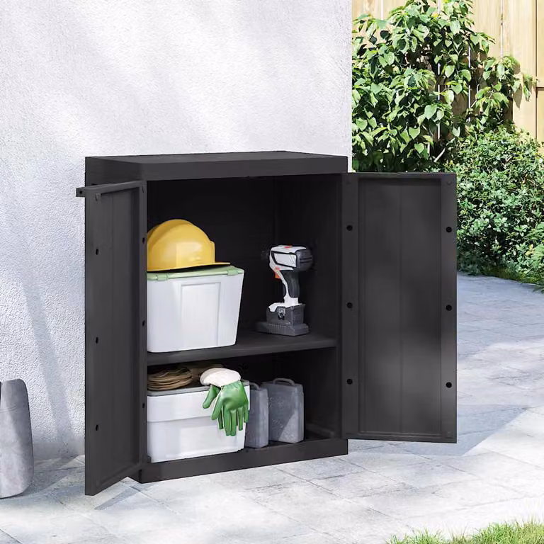 Armadio da esterno vidaXL in plastica nera con ripiani interni e serratura L/P/H: 65 x 37 x 85 cm