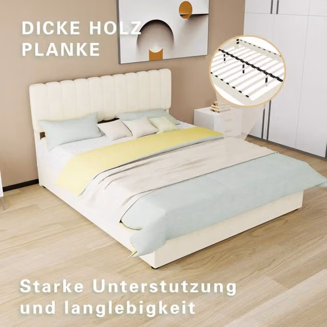 Letto imbottito 160 × 200 cm rivestito in velluto olandese beige struttura in legno e metallo per camera da letto