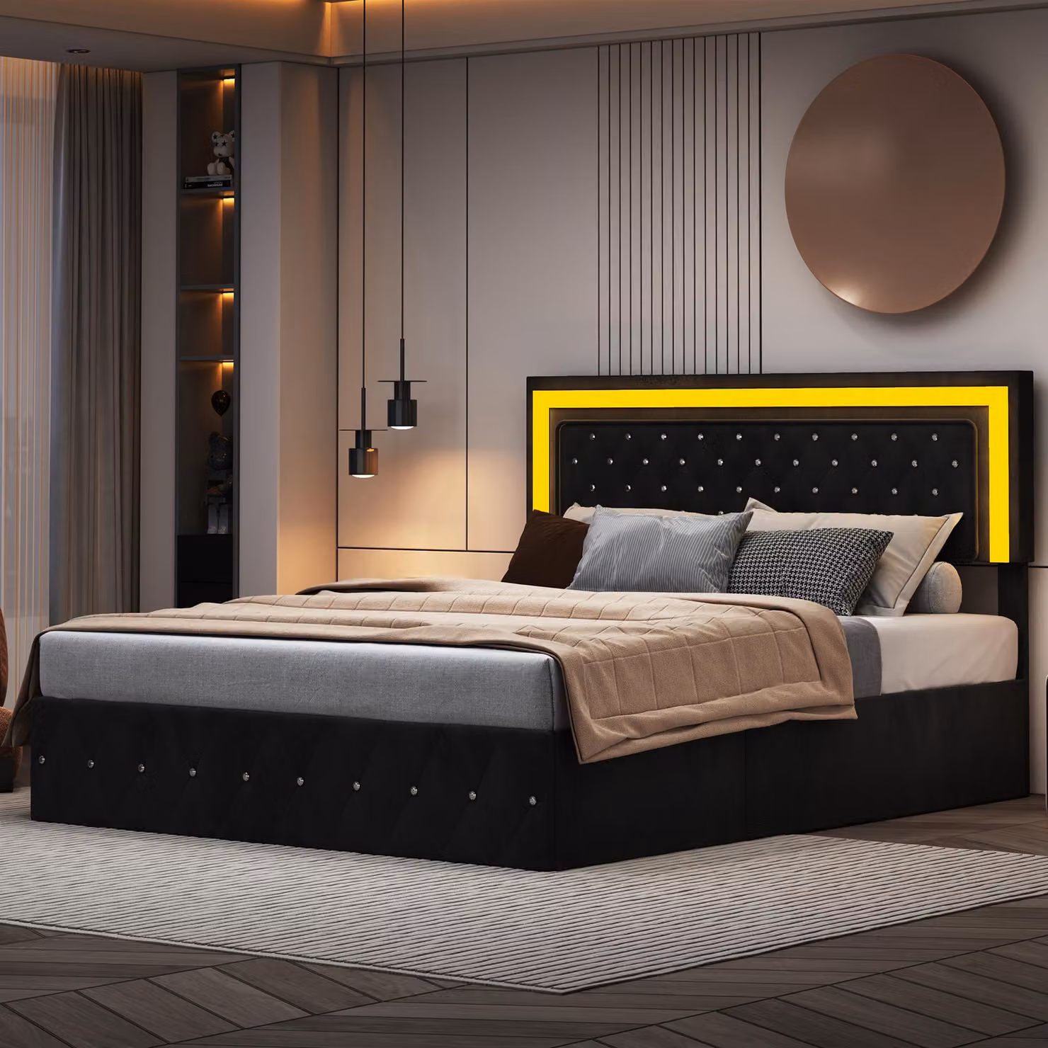 Letto imbottito Moonbite, 160x200 cm, rivestito in velluto nero, con bottoni, altezza regolabile, rete a doghe con sistema di sollevamento idraulico e illuminazione LED