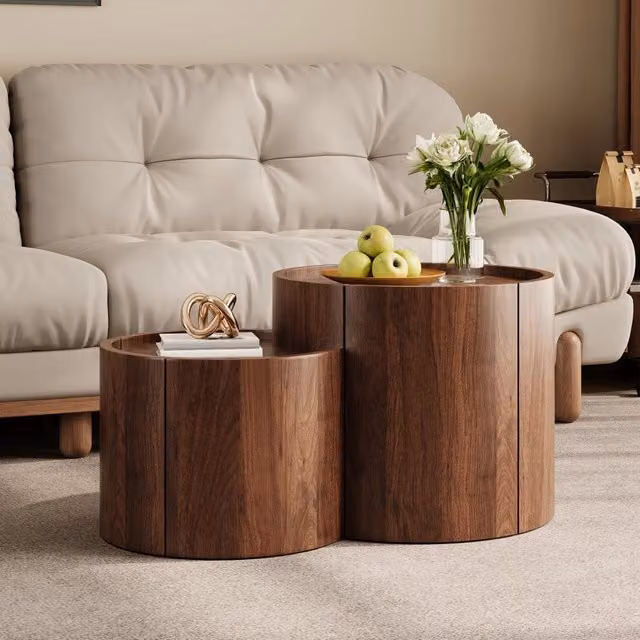 Desviae Tavolino basso rotondo con cassetti ante curve e ripiani in pannello di particelle color noce 77,5 × 47,5 × 40 cm