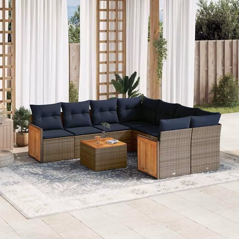 Set da giardino vidaXL in polyrattan da 9 pezzi con cuscini grigi e blu, design moderno a forma di L con tavolino e struttura in metallo