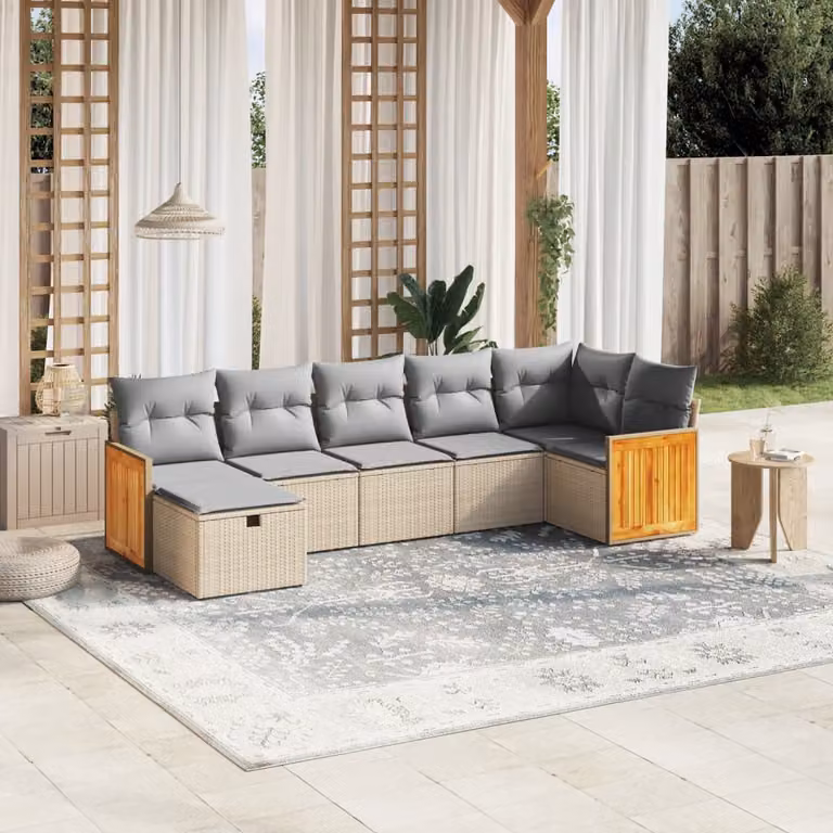 vidaXL Set Divano da Giardino 7 pz a L con Cuscini Beige e Grigio in Polyrattan e Metallo