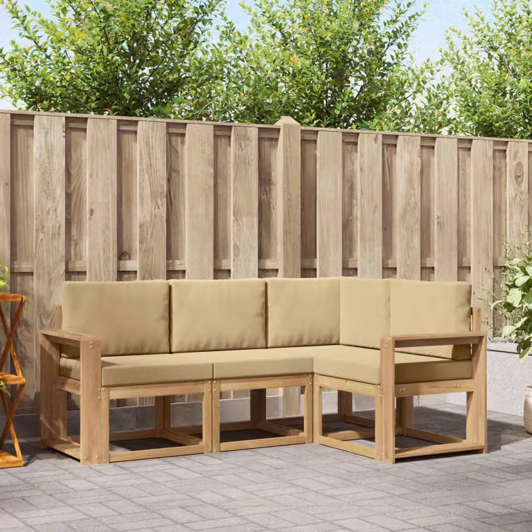 Set di divani da esterno vidaXL 4 pz a forma di L in legno di acacia con cuscini bianchi e beige