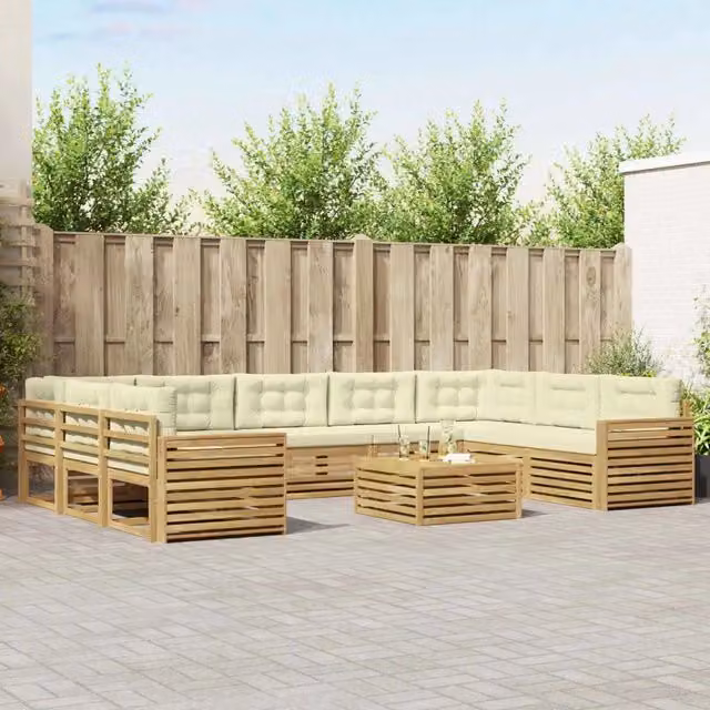 Set di divani da esterno a L con tavolino vidaXL in legno di acacia, colore bianco e beige, composto da 10 pezzi con cuscini inclusi – 1