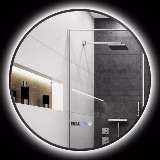 Specchio da bagno rotondo Giordanoshop con luce LED a 3 tonalità, funzione antiappannamento e display tempo e temperatura, colore nero, Ø 70 cm