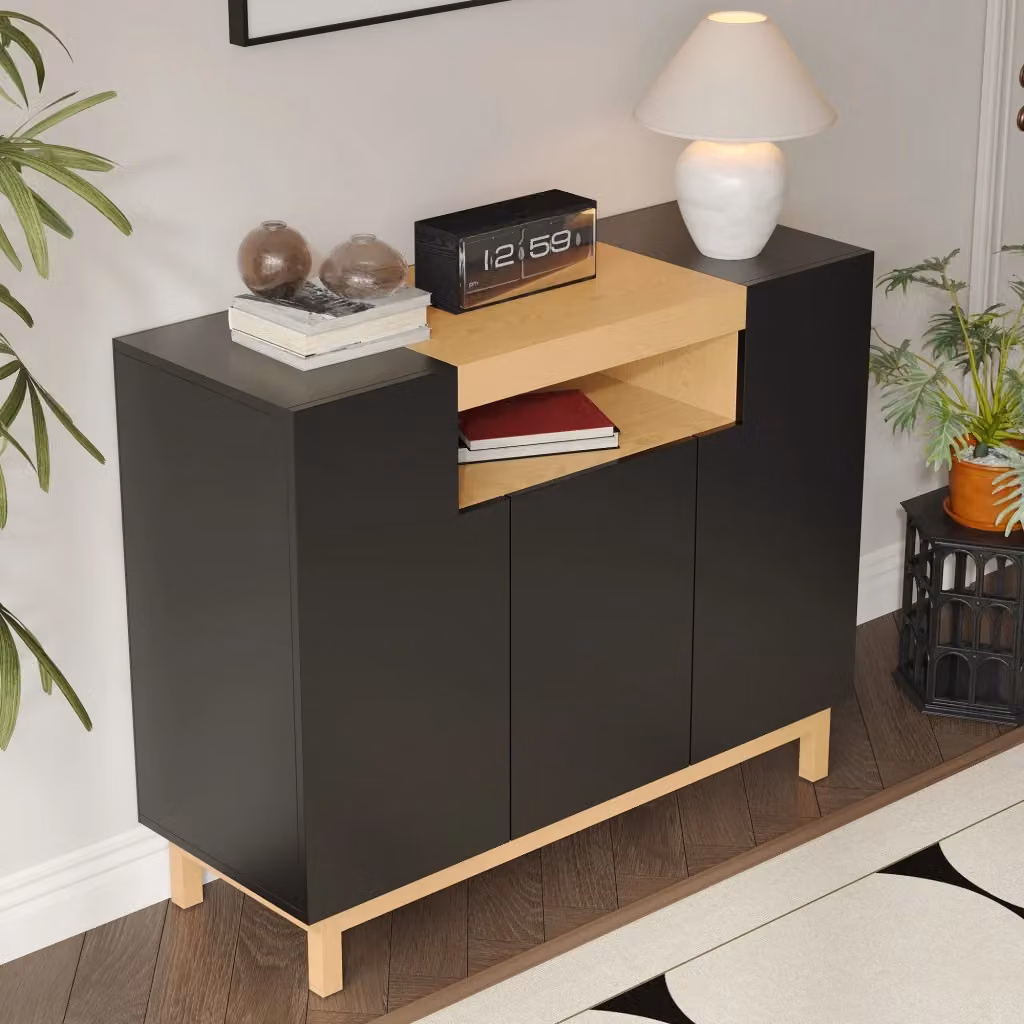 Credenza Chicfurn a 3 ante con nicchia aperta e vani chiusi per soggiorno e sala da pranzo, nera, L: 120.5 cm, P: 42 cm, H: 96 cm – 2