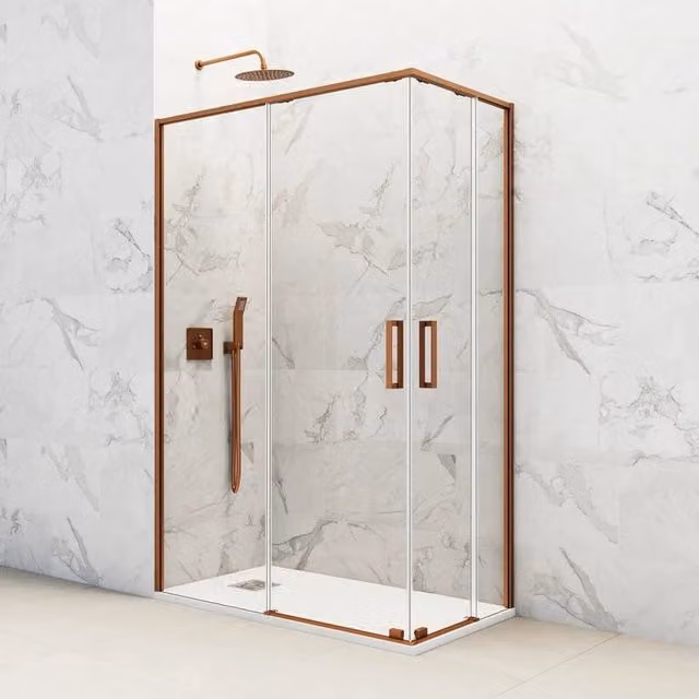 Box doccia angolare DUCHA TWENTY con apertura al vertice, vetro trasparente e finitura rame, L/P: 90 x 75 cm