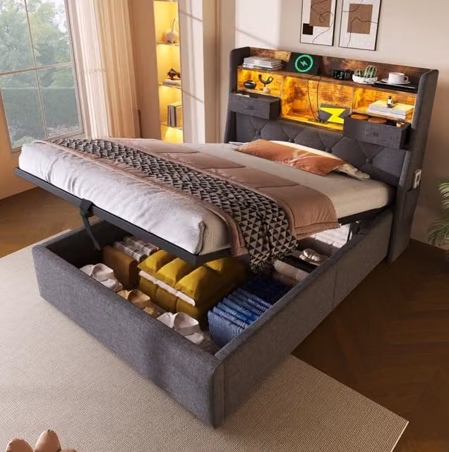 Letto singolo imbottito 90x200 cm con contenitore idraulico, testiera LED e 4 stazioni di ricarica (USB/Type-C), con rete a doghe e materasso grigio in lino