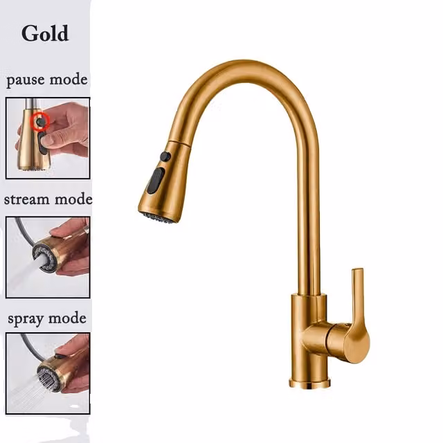 Rubinetto da cucina, design estraibile, superficie nichelata, cf04043-GOLD