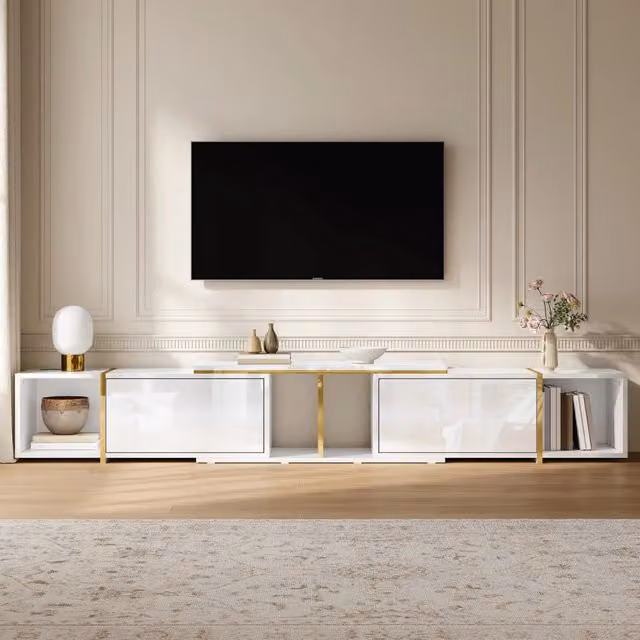 Mobile TV estensibile 275x35x37 cm in truciolato bianco per piccolo soggiorno –