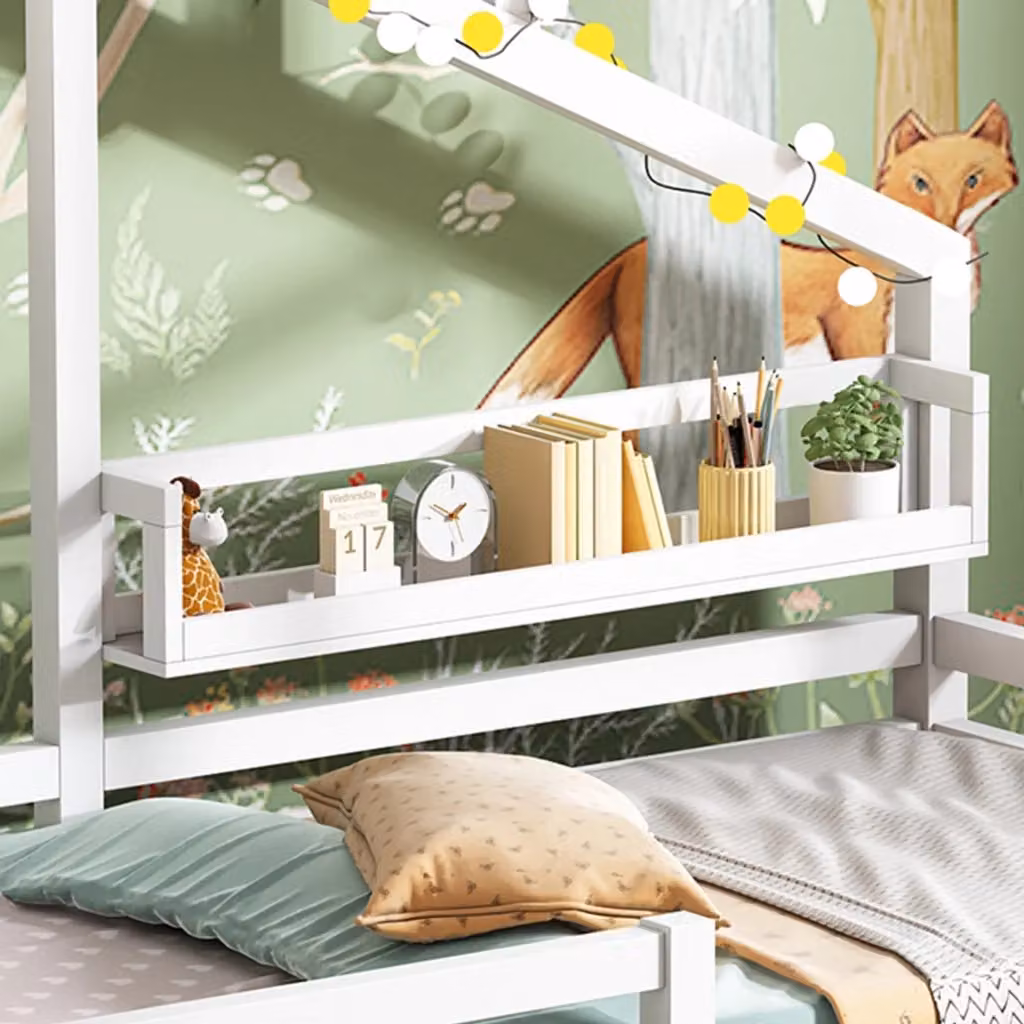 Letto singolo per bambini Xylo in legno di pino bianco con scaffali laterali e struttura a casetta L/P/H: 206.5 x 90 x 120 cm – 2